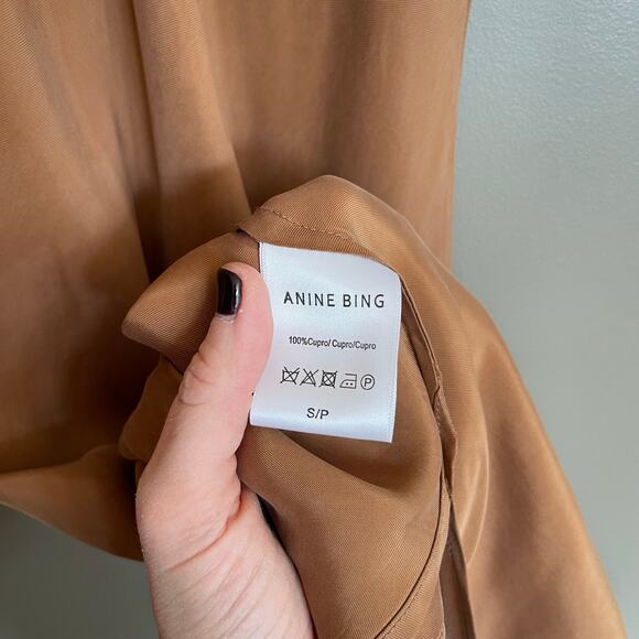 Anine Bing Bay Slip Dress Camel‎ Size Small Tan Brown Silky Midi Chic Sexy Cupro - Picture 16 of 16